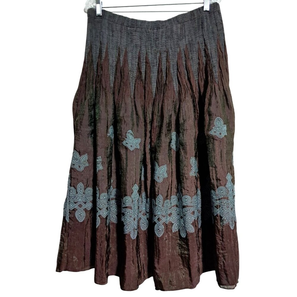 Coldwater Creek Womens Skirt PXL Brown Aqua Rayon Polyester Embroidered Boho Sty